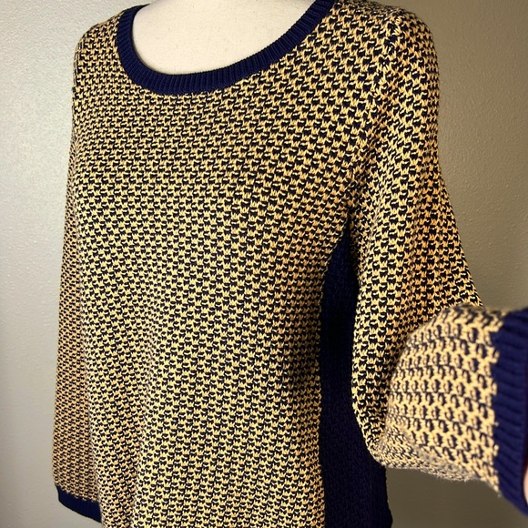 TALBOTS Basketweave Sweater M Petite Open Knit Cotton Navy Camel Neutral Classic - Picture 4 of 17